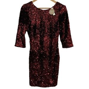 Apricot Sequin Bodycon Party Dress Sz S Red Burgundy Half Sleeve Cocktail NWT